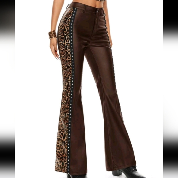 Punk Valentines Day Y2K Leopard Print Patchwork Studded Design Women Pants - Picture 1 of 5